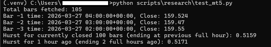 仮想環境を有効化したうえで test_mt5.py を実行した例（表示内容は環境・スクリプトで異なります）